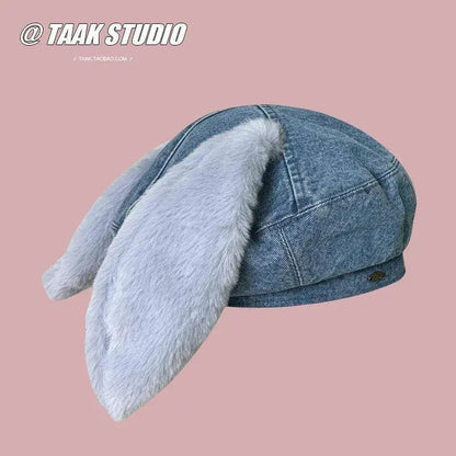 2025 Cute bunny ear berets for women denim painter hat women's autumn winter ins student cartoon newsboy hat new style - SS69