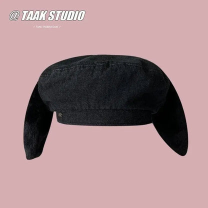 2025 Cute bunny ear berets for women denim painter hat women's autumn winter ins student cartoon newsboy hat new style - SS69