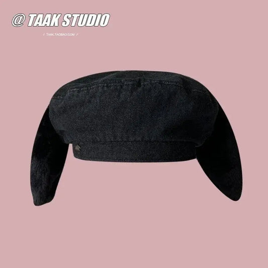 2025 Cute bunny ear berets for women denim painter hat women's autumn winter ins student cartoon newsboy hat new style - SS69