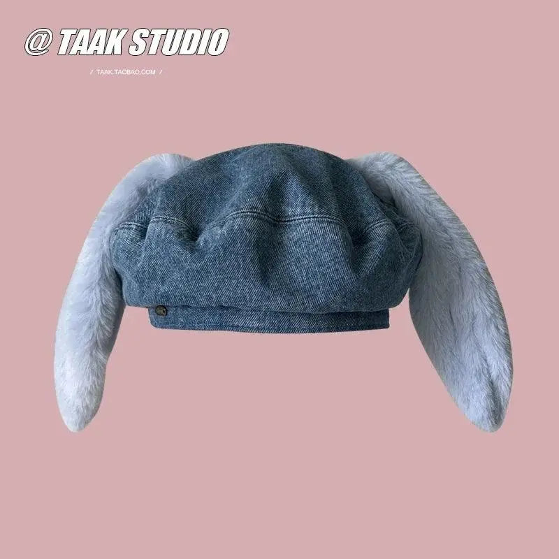 2025 Cute bunny ear berets for women denim painter hat women's autumn winter ins student cartoon newsboy hat new style - SS69