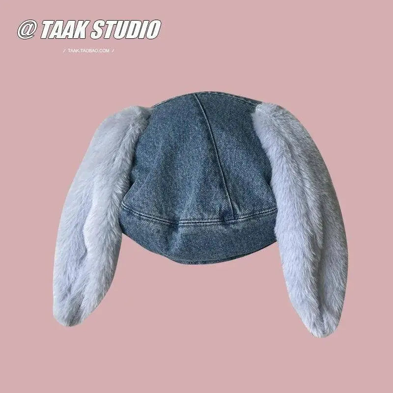 2025 Cute bunny ear berets for women denim painter hat women's autumn winter ins student cartoon newsboy hat new style - SS69