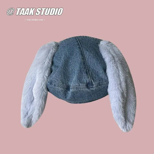 2025 Cute bunny ear berets for women denim painter hat women's autumn winter ins student cartoon newsboy hat new style - SS69