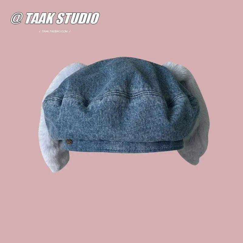 2025 Cute bunny ear berets for women denim painter hat women's autumn winter ins student cartoon newsboy hat new style - SS69