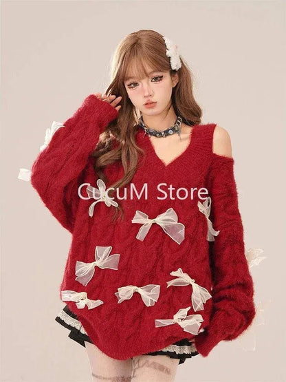 2025 New Elegant Knitted Sweater Woman Loose Casual Korean Fashion Pullovers Aesthetic Kawaii Sweet Pure Color Jumpers E-girls SS69