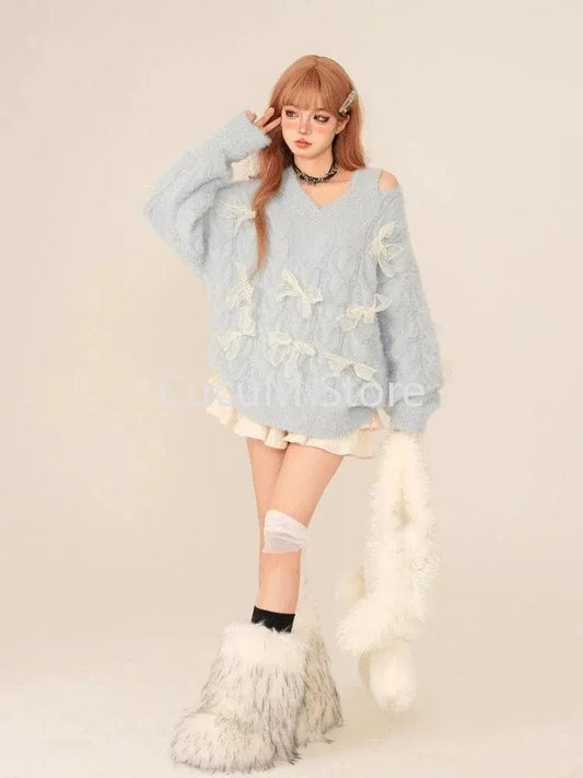 2025 New Elegant Knitted Sweater Woman Loose Casual Korean Fashion Pullovers Aesthetic Kawaii Sweet Pure Color Jumpers E-girls SS69