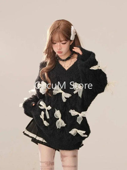 2025 New Elegant Knitted Sweater Woman Loose Casual Korean Fashion Pullovers Aesthetic Kawaii Sweet Pure Color Jumpers E-girls SS69