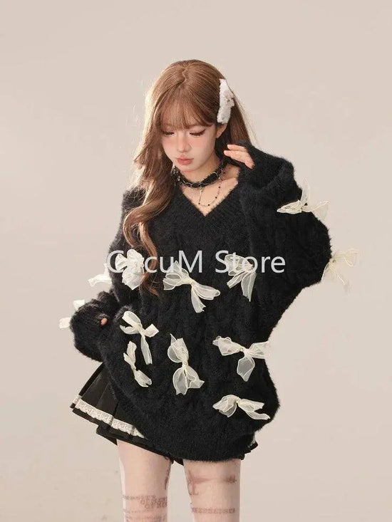 2025 New Elegant Knitted Sweater Woman Loose Casual Korean Fashion Pullovers Aesthetic Kawaii Sweet Pure Color Jumpers E-girls SS69