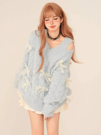 2025 New Elegant Knitted Sweater Woman Loose Casual Korean Fashion Pullovers Aesthetic Kawaii Sweet Pure Color Jumpers E-girls SS69 35.69 SKY BLUE / M