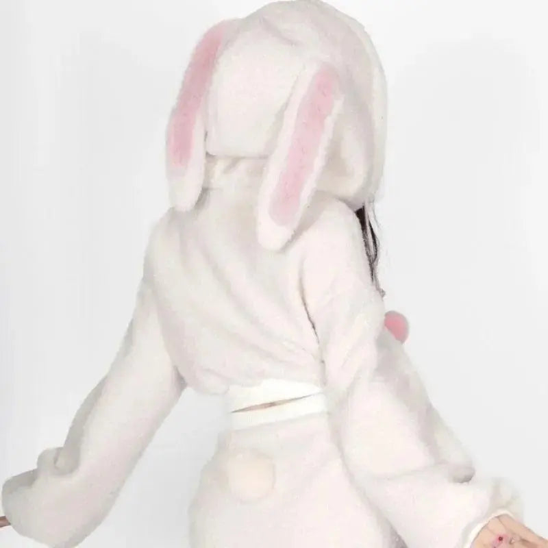 2025 New Fluffy Rabbit Ear Hoodie Coat Women+ Y2k E-Girl High Waist Bodycon Split Skirts Winter Thicked Warm Two Piece Sets - SS69