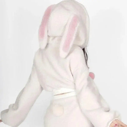 2025 New Fluffy Rabbit Ear Hoodie Coat Women+ Y2k E-Girl High Waist Bodycon Split Skirts Winter Thicked Warm Two Piece Sets - SS69