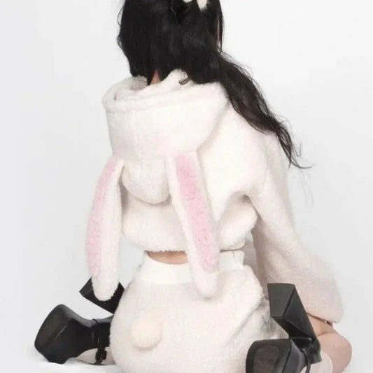 2025 New Fluffy Rabbit Ear Hoodie Coat Women+ Y2k E-Girl High Waist Bodycon Split Skirts Winter Thicked Warm Two Piece Sets - SS69