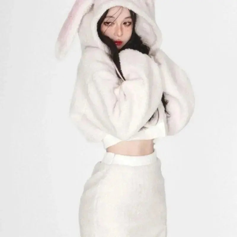 2025 New Fluffy Rabbit Ear Hoodie Coat Women+ Y2k E-Girl High Waist Bodycon Split Skirts Winter Thicked Warm Two Piece Sets - SS69