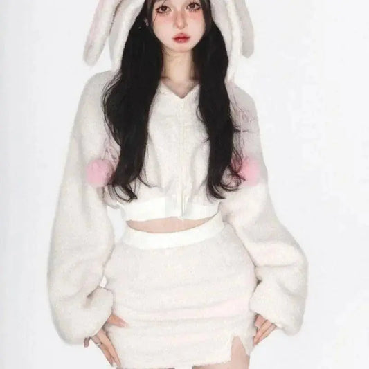 2025 New Fluffy Rabbit Ear Hoodie Coat Women+ Y2k E-Girl High Waist Bodycon Split Skirts Winter Thicked Warm Two Piece Sets - SS69