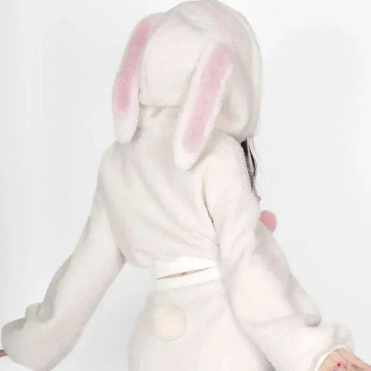 2025 New Fluffy Rabbit Ear Hoodie Coat Women+ Y2k E-Girl High Waist Bodycon Split Skirts Winter Thicked Warm Two Piece Sets - SS69