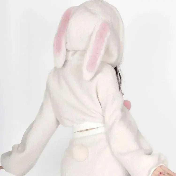 2025 New Fluffy Rabbit Ear Hoodie Coat Women+ Y2k E-Girl High Waist Bodycon Split Skirts Winter Thicked Warm Two Piece Sets - SS69