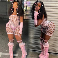 2025 New Mesh Hollow Out Women's Mini Dress Sexy Club Party Bodycon Fashion Evening Dresses Elegant Clothes Pink Luxury Dresses SS69