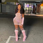 2025 New Mesh Hollow Out Women's Mini Dress Sexy Club Party Bodycon Fashion Evening Dresses Elegant Clothes Pink Luxury Dresses SS69