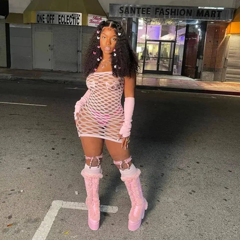 2025 New Mesh Hollow Out Women's Mini Dress Sexy Club Party Bodycon Fashion Evening Dresses Elegant Clothes Pink Luxury Dresses SS69