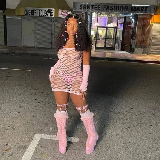 2025 New Mesh Hollow Out Women's Mini Dress Sexy Club Party Bodycon Fashion Evening Dresses Elegant Clothes Pink Luxury Dresses SS69