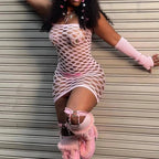 2025 New Mesh Hollow Out Women's Mini Dress Sexy Club Party Bodycon Fashion Evening Dresses Elegant Clothes Pink Luxury Dresses SS69