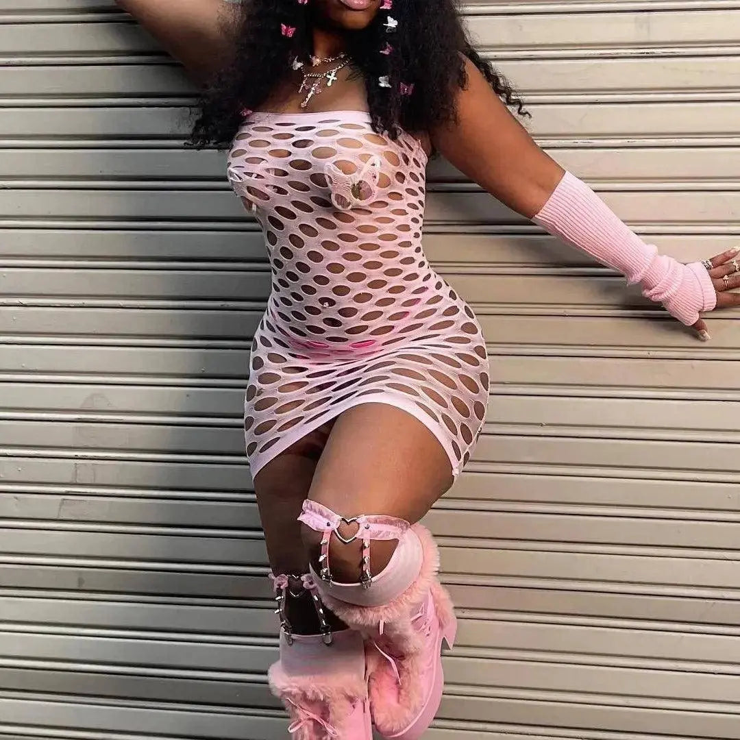 2025 New Mesh Hollow Out Women's Mini Dress Sexy Club Party Bodycon Fashion Evening Dresses Elegant Clothes Pink Luxury Dresses SS69