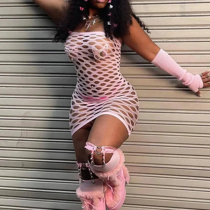 2025 New Mesh Hollow Out Women's Mini Dress Sexy Club Party Bodycon Fashion Evening Dresses Elegant Clothes Pink Luxury Dresses SS69