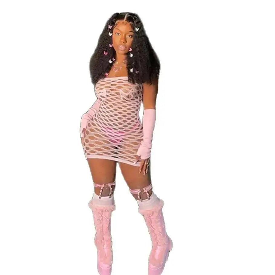 2025 New Mesh Hollow Out Women's Mini Dress Sexy Club Party Bodycon Fashion Evening Dresses Elegant Clothes Pink Luxury Dresses SS69