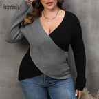 2025 Patchwork Cross Plus Size Sweater Women Sexy Deep V Large Pullover Ladies Loose Oversize Jumper Big Jerseys Curvy Knitwear SS69