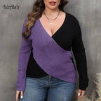 2025 Patchwork Cross Plus Size Sweater Women Sexy Deep V Large Pullover Ladies Loose Oversize Jumper Big Jerseys Curvy Knitwear SS69