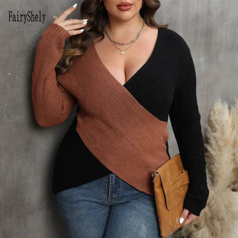 2025 Patchwork Cross Plus Size Sweater Women Sexy Deep V Large Pullover Ladies Loose Oversize Jumper Big Jerseys Curvy Knitwear SS69