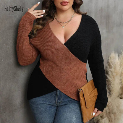 2025 Patchwork Cross Plus Size Sweater Women Sexy Deep V Large Pullover Ladies Loose Oversize Jumper Big Jerseys Curvy Knitwear SS69