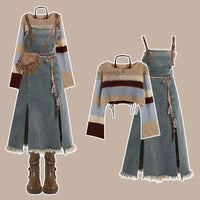 2025 Spring New Vintage Denim Skirt Matching Set Women's Elegant Loose Hollow Knitted Shirt+Sexy Split Dress Two Piece Suit SS69