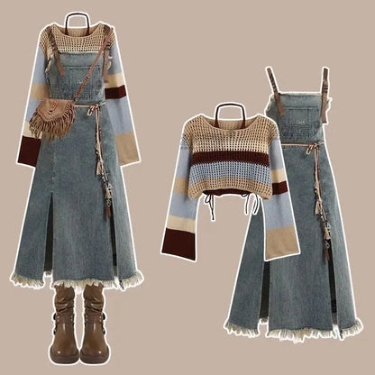2025 Spring New Vintage Denim Skirt Matching Set Women's Elegant Loose Hollow Knitted Shirt+Sexy Split Dress Two Piece Suit SS69