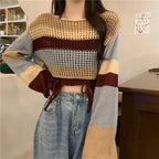 2025 Spring New Vintage Denim Skirt Matching Set Women's Elegant Loose Hollow Knitted Shirt+Sexy Split Dress Two Piece Suit SS69
