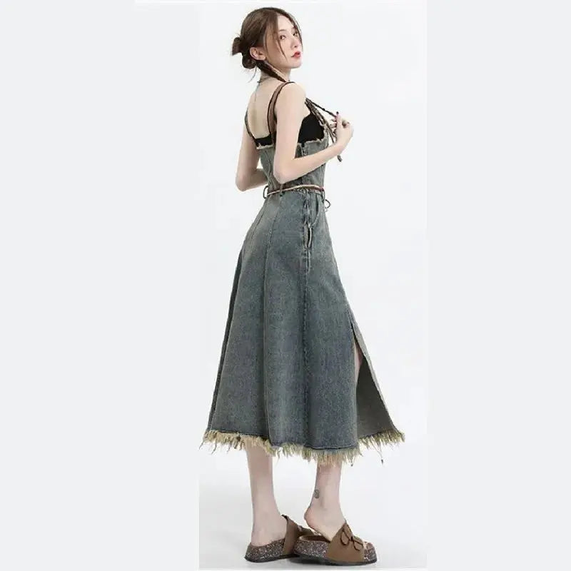2025 Spring New Vintage Denim Skirt Matching Set Women's Elegant Loose Hollow Knitted Shirt+Sexy Split Dress Two Piece Suit SS69