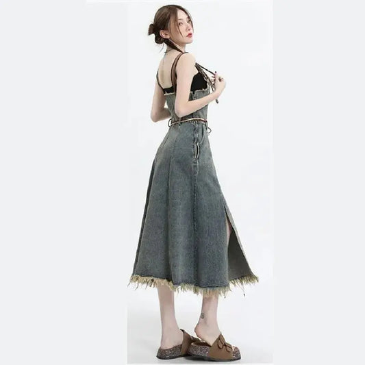 2025 Spring New Vintage Denim Skirt Matching Set Women's Elegant Loose Hollow Knitted Shirt+Sexy Split Dress Two Piece Suit SS69