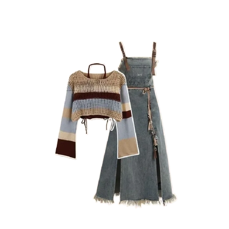 2025 Spring New Vintage Denim Skirt Matching Set Women's Elegant Loose Hollow Knitted Shirt+Sexy Split Dress Two Piece Suit SS69