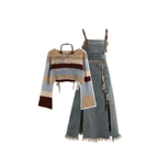 2025 Spring New Vintage Denim Skirt Matching Set Women's Elegant Loose Hollow Knitted Shirt+Sexy Split Dress Two Piece Suit SS69