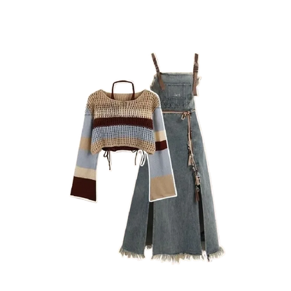 2025 Spring New Vintage Denim Skirt Matching Set Women's Elegant Loose Hollow Knitted Shirt+Sexy Split Dress Two Piece Suit SS69