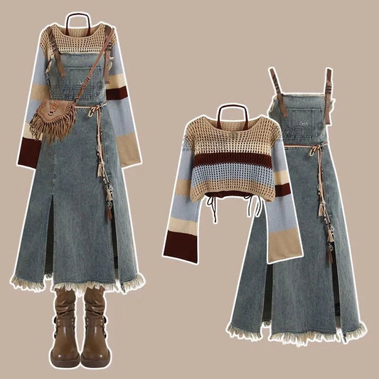2025 Spring New Vintage Denim Skirt Matching Set Women's Elegant Loose Hollow Knitted Shirt+Sexy Split Dress Two Piece Suit SS69 52.69 Set 01 / L