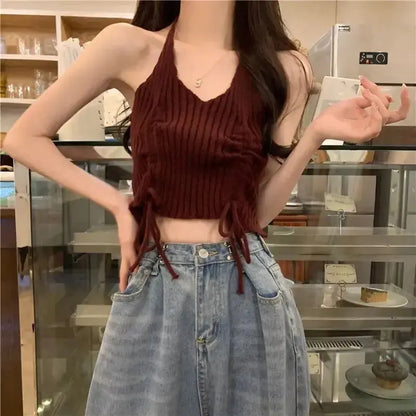 2025 Spring New Vintage Denim Skirt Matching Set Women's Elegant Loose Hollow Knitted Shirt+Sexy Split Dress Two Piece Suit SS69 19.69 Only Vest / L