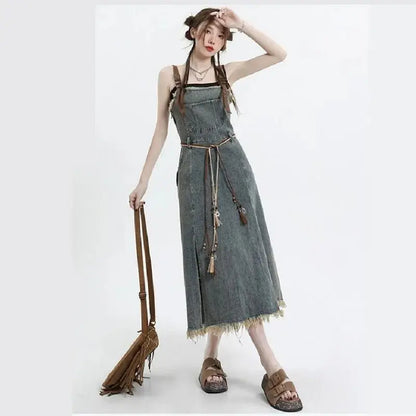 2025 Spring New Vintage Denim Skirt Matching Set Women's Elegant Loose Hollow Knitted Shirt+Sexy Split Dress Two Piece Suit SS69 42.69 Only Dress / L