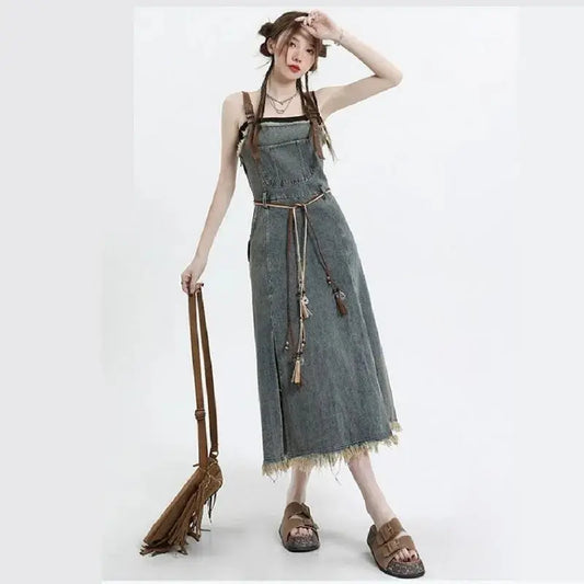 2025 Spring New Vintage Denim Skirt Matching Set Women's Elegant Loose Hollow Knitted Shirt+Sexy Split Dress Two Piece Suit SS69 42.69 Only Dress / L