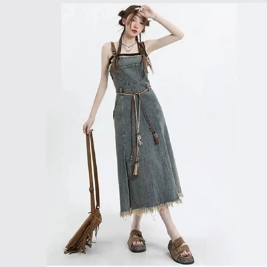 2025 Spring New Vintage Denim Skirt Matching Set Women's Elegant Loose Hollow Knitted Shirt+Sexy Split Dress Two Piece Suit SS69 42.69 Only Dress / L
