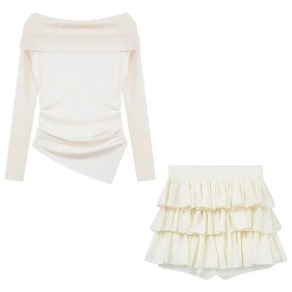 2025 Spring Two Pieces Skirt Set Women Y2k Crop Tops T-shirt + Cake Skirts Japanese Kawaii Fashion Suits Chic Outwear Korean - SS69