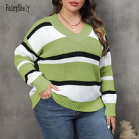 2025 Stripe Plus Size Sweater Women Winter V Neck Large Pullover Ladies Loose Oversize Jumper Casual Big Jerseys Curvy Knitwear - SS69