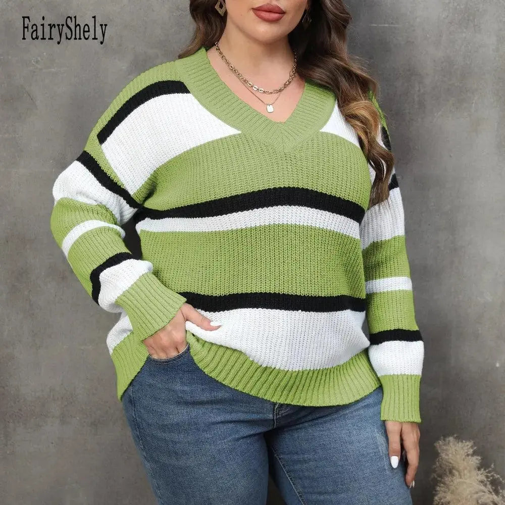 2025 Stripe Plus Size Sweater Women Winter V Neck Large Pullover Ladies Loose Oversize Jumper Casual Big Jerseys Curvy Knitwear - SS69