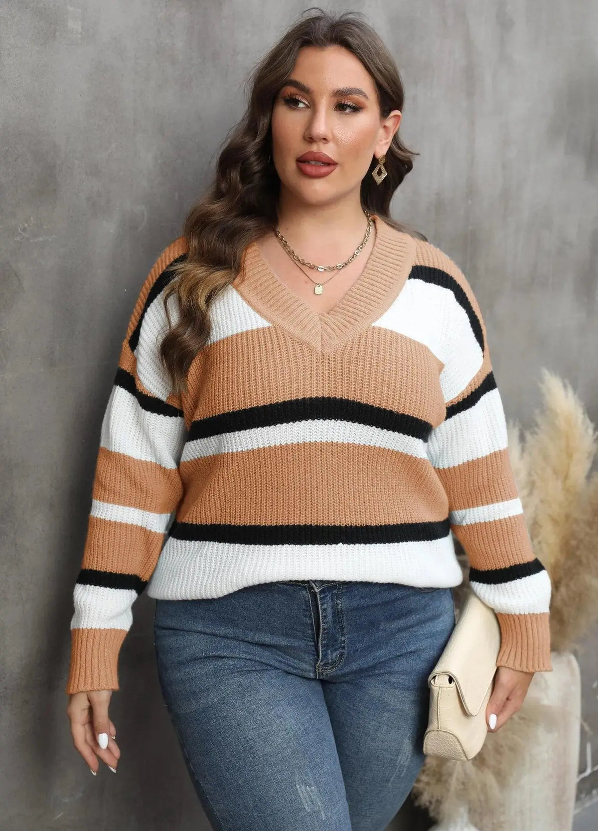 2025 Stripe Plus Size Sweater Women Winter V Neck Large Pullover Ladies Loose Oversize Jumper Casual Big Jerseys Curvy Knitwear - SS69