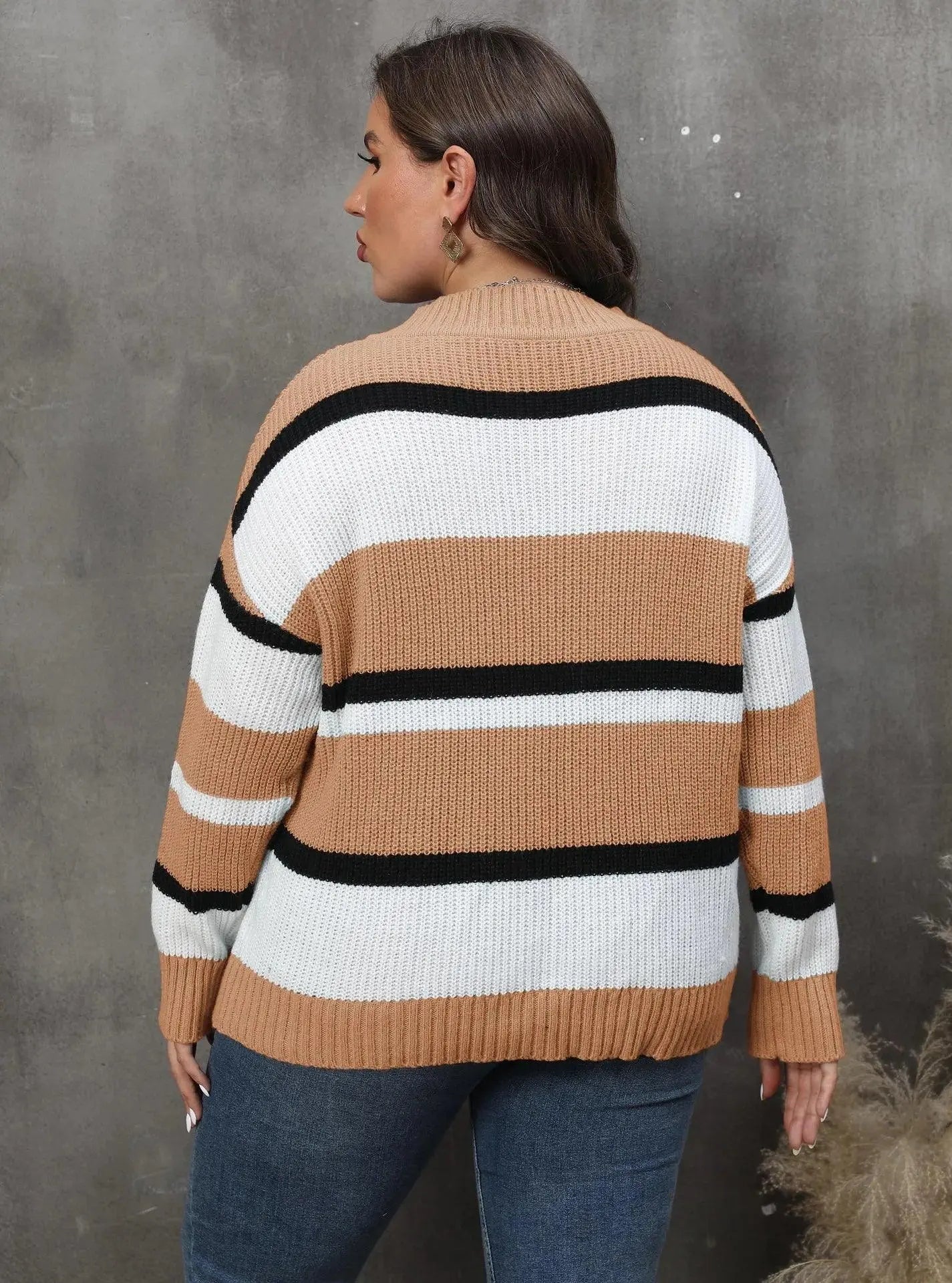 2025 Stripe Plus Size Sweater Women Winter V Neck Large Pullover Ladies Loose Oversize Jumper Casual Big Jerseys Curvy Knitwear - SS69