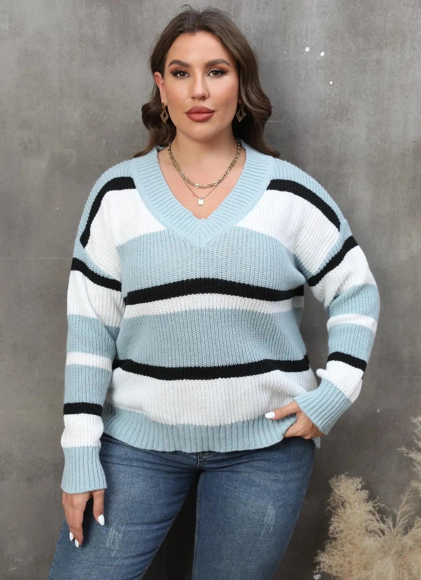 2025 Stripe Plus Size Sweater Women Winter V Neck Large Pullover Ladies Loose Oversize Jumper Casual Big Jerseys Curvy Knitwear - SS69